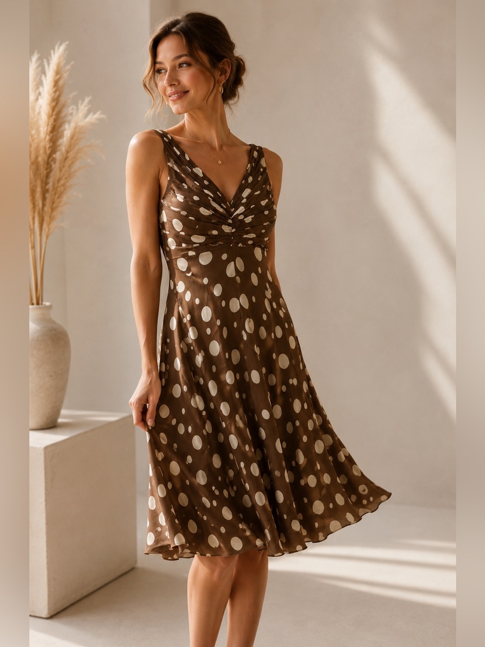 Anne Klein • size 4 • 100% silk • cappuccino / light brown polka dot dress •